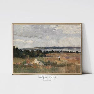 Fields Landscape Print, Antique Countryside Painting, Vintage Soft Blue Wall Art, Rustic Farmhouse Wall Decor - PRINTABLE