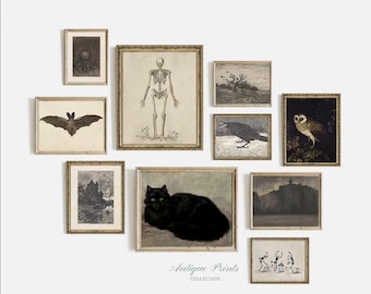 Halloween Gallery Wall Set, Vintage Moody Set of 10 Painting, Antique Dark Halloween Decor, Bat Sketch Art, Skeleton Wall Art - PRINTABLE