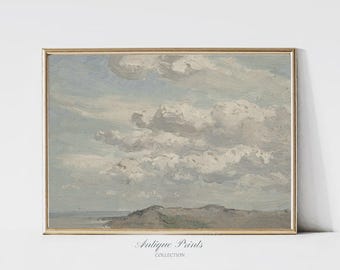 Neutral Coastal Painting, Vintage Moody Seascape Wall Art, Antique Beach Landscape Print, Beach Cottage Decor - PRINTABLE