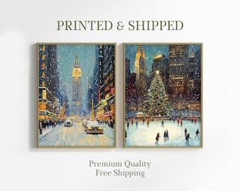 New York Christmas Scene Print Set, Festive Holiday Wall Art, Mailed Art
