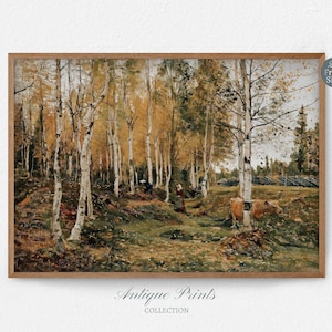 Fall Forest Vintage Painting, Autumn Landscape Wall Art, Antique Farmhouse Wall Decor, Fall Countryside Wall Art, Cow Print - PRINTABLE