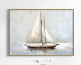 Sailboat Vintage Print, Muted Sailing Digital Print, Nautical Oil Painting, Neutral Seascape Wall Art, Coastal Wall Art - PRINTABLE
