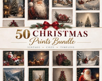 Vintage Christmas Prints Bundle 50, Snowy Winter Landscape, Santa Claus, Festive Holiday Decor (Digital Download)