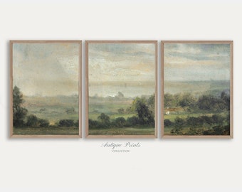 Countryside 3 Pieces Vintage Wall Art, Vintage Country Painting, Sunset Landscape Set of 3 Split Print, Farmhouse Decor - PRINTABLE