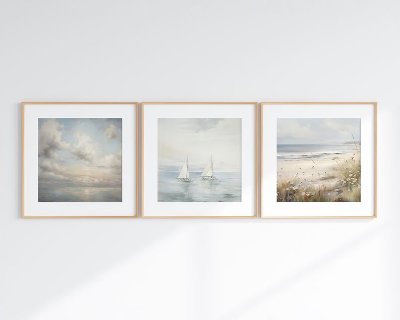 Coastal Prints, Set of 3 Square Beach Wall Art, Vintage Seascape ...