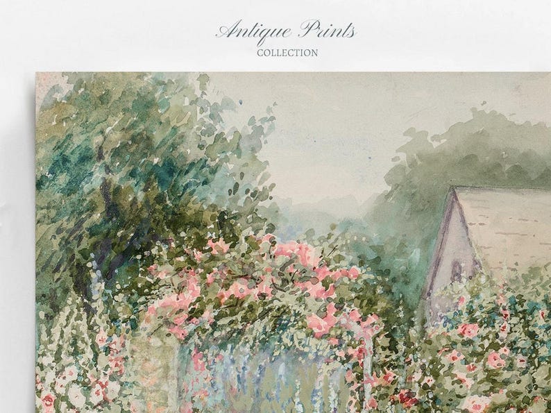 Flowers Garden Painting, Vintage Spring Cottage Wall Art, Antique Watercolor Flower Print, Floral Farmhouse Wall Decor - PRINTABLE image 4