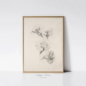 Neutral Botanical Print, Vintage Flowers Sketch, Minimalist Floral Sketch Art, Antique Vertical Flower Drawing, Farmhouse Decor - PRINTABLE