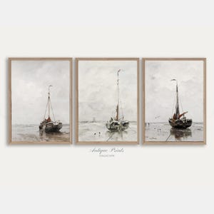 Set of 3 Moody Sailing Vintage Prints, Sailboat Watercolor Painting, Antique Seascape Wall Art, Nautical 3 Pieces Wall Art - PRINTABLE