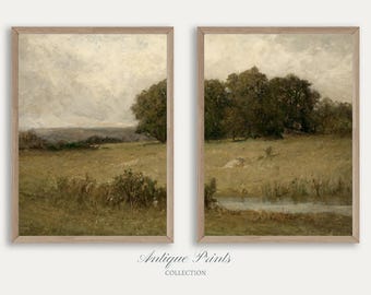 Farmhouse Set of 2 Split Print, Green Tones Landscape 2 Pieces Vintage Wall Art, Countryside Painting, Rustic Farmhouse Decor - PRINTABLE