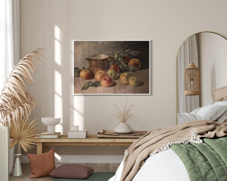 Arte de pared de cocina de granja vintage, pintura al óleo de manzana, decoración rústica de cocina antigua, pintura de frutas, impresión de bodegón de manzana - IMPRIMIBLE imagen 7