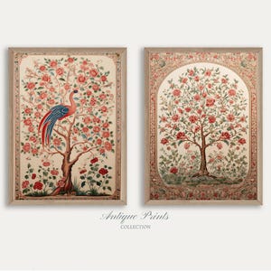 Tapiz tradicional indio para pared, juego de 2 impresiones de textiles indios antiguos, arte vintage de Palempore, decoración de pared con estampados populares indios, imprimible.