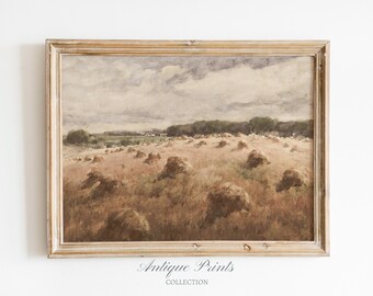 水彩画の干し草の俵のヴィンテージ画、アンティークな田舎の風景画