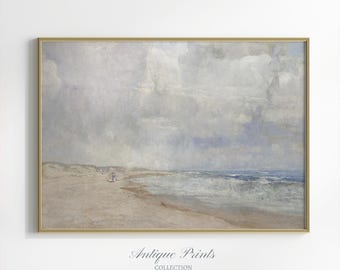 Coastal Wall Art Vintage, Neutral Seascape Painting, Antique Waves Painting, Beach Cottage Wall Decor, Muted Beach Print - PRINTABLE