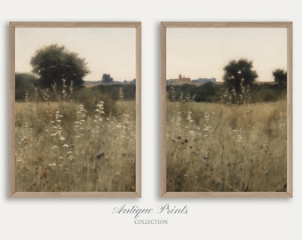 Wildflower Field Set of 2 Prints, Neutral Country 2 Pieces Vintage Wall Art, Landscape Painting, Spring Farmhouse Decor - PRINTABLE