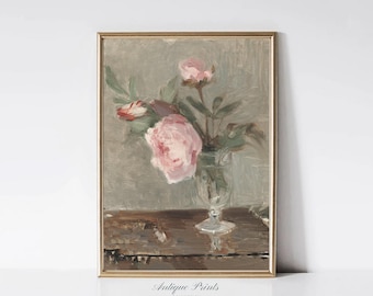 Vase à fleurs nature morte, impression botanique rose vintage, peinture florale, art mural roses roses anciennes, décoration de chambre de fille - IMPRIMABLE