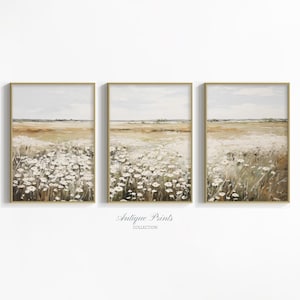 Wildflower Field Wall Art, Muted Country Landscape Painting, Living Room Set of 3 Prints, Spring Farmhouse Decor, Digital Download