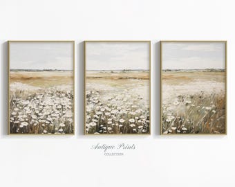 Wildflower veld kunst aan de muur, gedempte landschapsschilderkunst, woonkamer set van 3 prenten, lente boerderij decor, digitale download