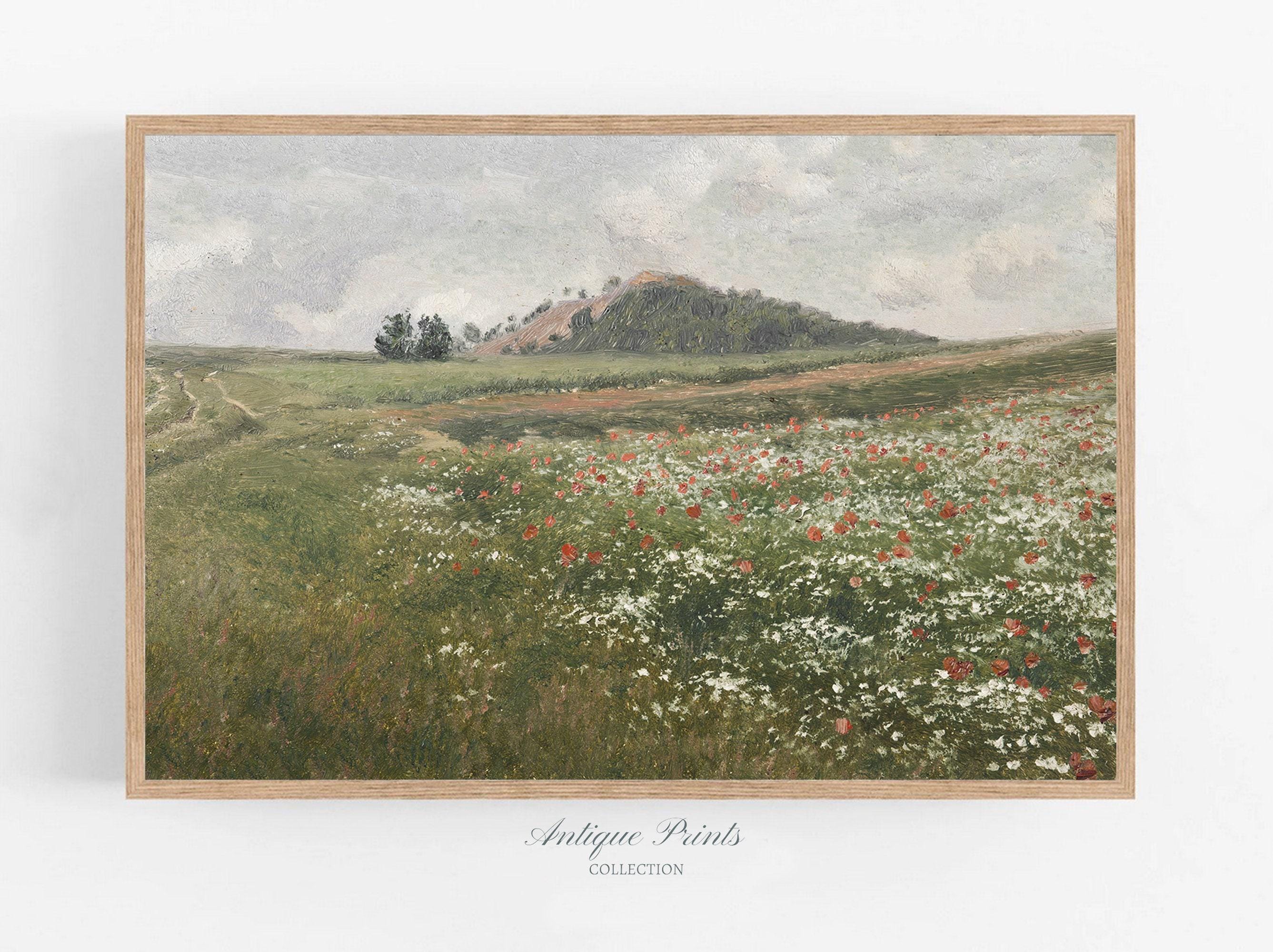 油絵・風景画　ポピーと草原 ポピー畑の絵画ヴィンテージ、アンティークカントリー風景画、野生の花