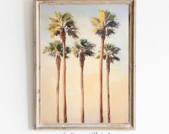 Arte mural de palmeras, pintura al óleo tropical en tonos pastel, impresión digital costera, arte mural oceánico, decoración de cabañas de playa, arte playero en tonos pastel - IMPRIMIBLE