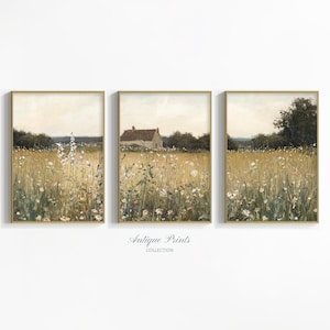 Neutral Wildflower Field Set of 3 Prints, Muted Country Landscape 3 Pieces Wall Art, Pond Painting, Spring Farmhouse Decor - PRINTABLE