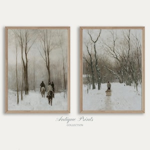 Winter Landscape Set of 2 Painting Vintage, Antique Snowy Countryside 2 Pieces Wall Art, Winter Theme Print, Farmhouse Decor - PRINTABLE