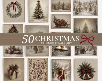 Vintage Christmas Prints Bundle 50, Snowy Winter Landscape, Santa Claus, Festive Holiday Decor (Digital Download)