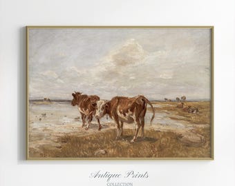 Arte mural de vacas, pintura al óleo vintage de ganado, impresión antigua de animales de granja, decoración rústica de pared de granja, impresión campestre - IMPRIMIBLE