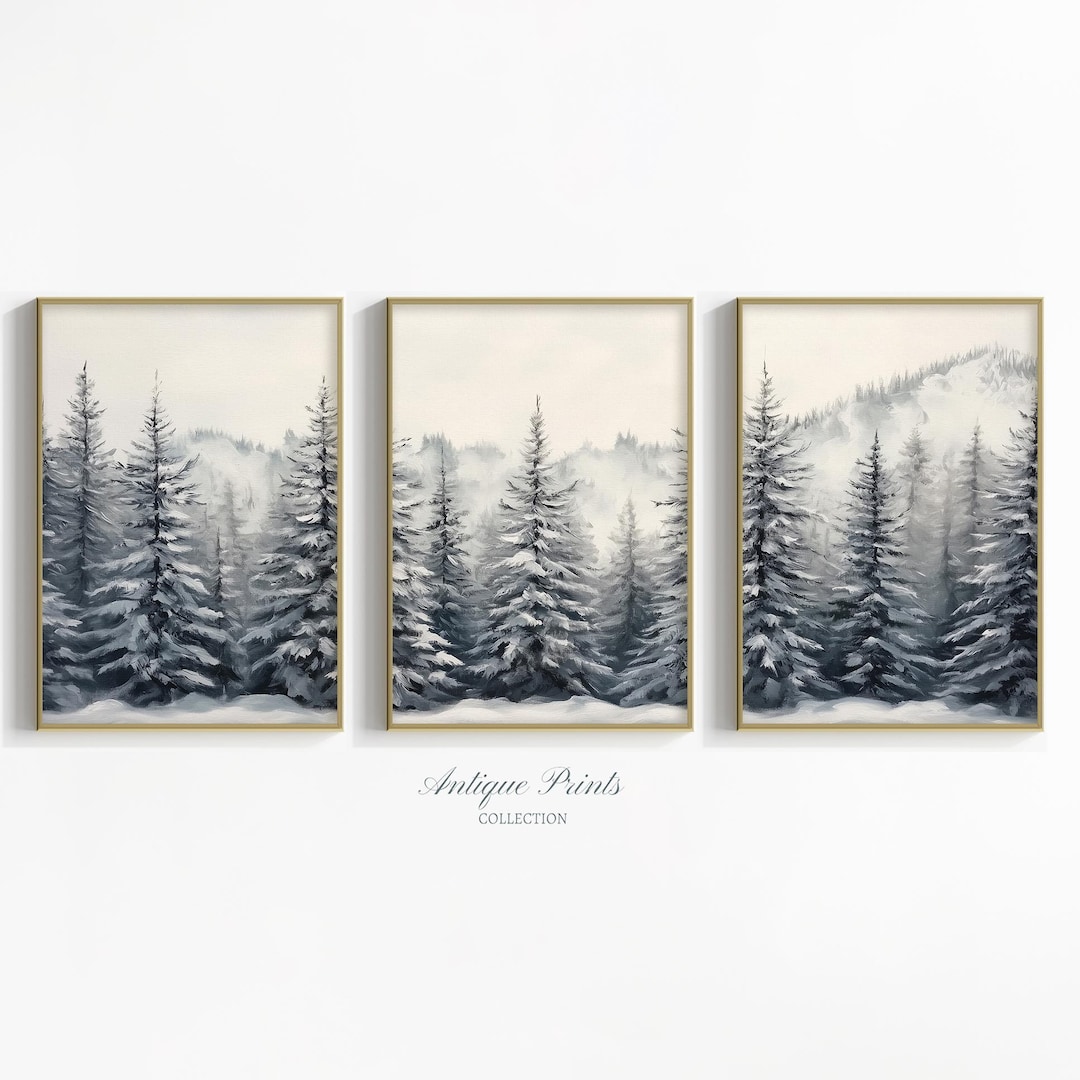 Winter Pine Forest Wall Art Set of 3, Snowy Christmas Prints, Rustic ...