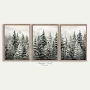 Winter dennenbos 3 stuks kunst aan de muur, kerst schilderij, winter boerderij vakantie decor, rustiek besneeuwde landschap set van 3 prints AFDRUKBAAR