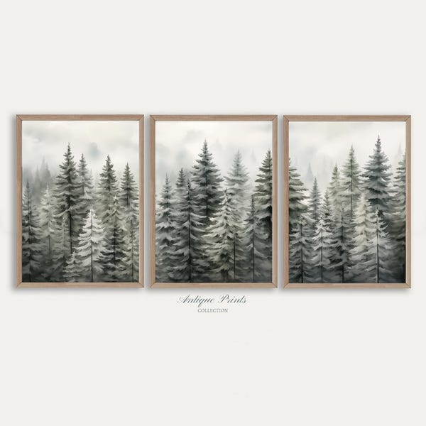 Winter Pine Forest 3 Pieces Wall Art, Christmas Painting, Winter Farmhouse Holidays Decor, Rustic Snowy Landscape Set of 3 Prints PRINTABLE