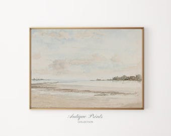 Muted Coastal Painting, Vintage Watercolor Seascape Wall Art, Antique Beach Landscape Print, Neutral Beach Cottage Decor - PRINTABLE