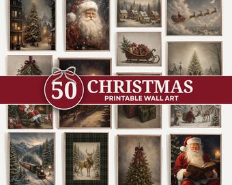 Christmas Prints Bundle 50, Vintage Snowy Winter Landscape, Santa Claus, Festive Holiday Decor (Digital Download)