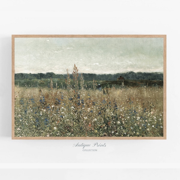 Impression vintage champ de fleurs sauvages, grande oeuvre d'art murale pays neutre, peinture de paysage de prairie, décoration de ferme rustique antique - imprimable