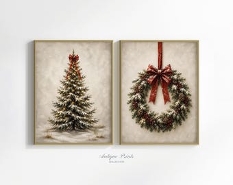 Christmas Wall Art Set of 2, Christmas Tree and Wreath Prints, Rustic Holiday Decor (Digital Download)