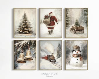 Set di 6 stampe natalizie, decorazioni murali con paesaggi invernali innevati, stampe di Babbo Natale stampabili e scaricabili, decorazioni natalizie in stile fattoria