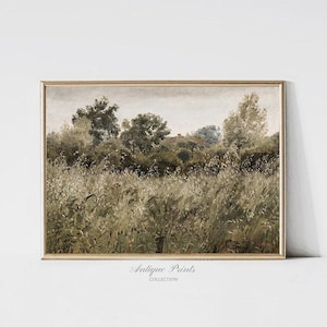 Meadow Landscape Painting, Wildflower Field Vintage Print, Neutral Country Large Wall Art, Antique Rustic Farmhouse Decor - PRINTABLE