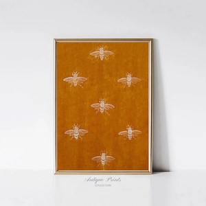Arte de pared con estampado textil rústico vintage, estampado de tapiz naranja quemado, decoración de pared de granja otoñal, estampado de abejas, descarga digital, imprimible