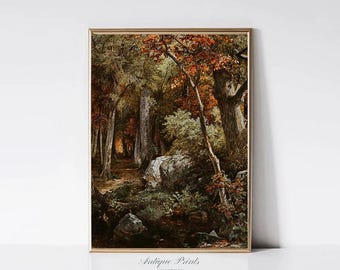 Fall Forest Vintage Wall Art, Autumn Landscape Painting, Antique Farmhouse DIGITAL Print, Fall Countryside Wall Art - PRINTABLE