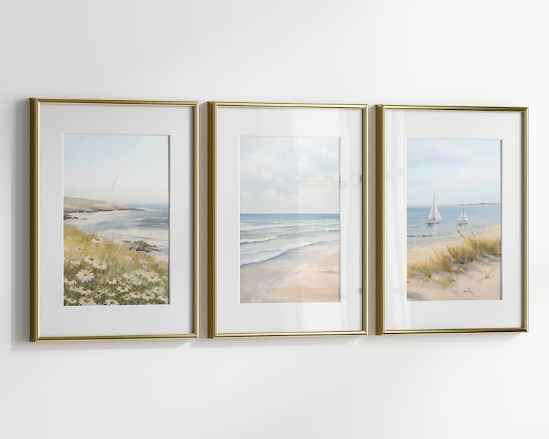View of Coastal 3 Pieces Wall Art, Beach Cottage Painting, Neutral Seascape ...