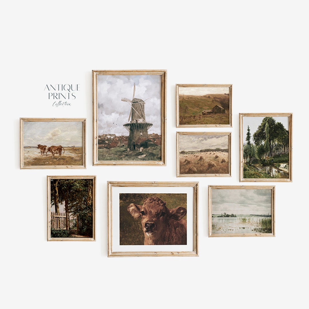 Farmhouse Gallery Wall Set, Set of 8 Vintage Country Prints, Antique
