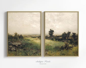 Moody 2 Pieces Vintage Wall Art, Vintage Country Painting, Landscape Set of 2 Split Print, Countryside Print, Farmhouse Decor - PRINTABLE