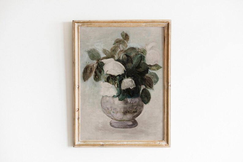 Sztuka ścienna z wazonem na kwiaty w stylu vintage, neutralny obraz martwej natury, antyczne kwiaty na ścianę, kwiatowy nadruk botaniczny, wystrój domu w stylu rustykalnym – DO DRUKU zdjęcie 2