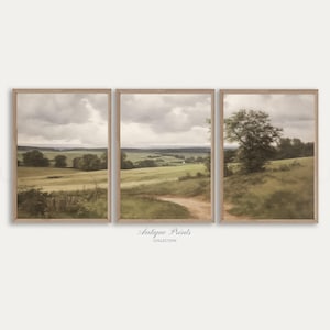 Set of 3 Neutral Landscape Prints, Country 3 Pieces Vintage Painting, French Country Wall Art, Rustic Farmhouse Decor - PRINTABLE