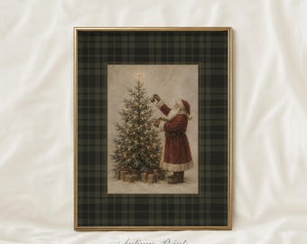 Christmas Santa Claus Wall Art, Green Tartan Plaid Print, Winter Holiday Decor (Digital Download)