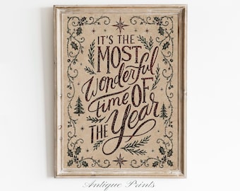 Printable Christmas Wall Art, Vintage Embroidery Print, Winter Holiday Farmhouse Decor, Digital Download