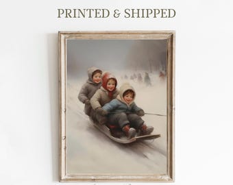 Antique Christmas Print, Children Sledding, Snowy Winter Landscape, Holidays Decor, Mailed Art