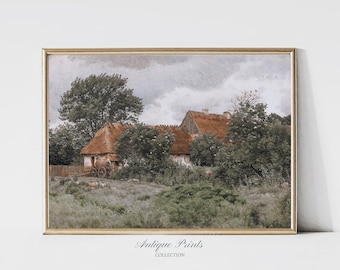 Vintage Farmhouse Painting, Antique Cottage Wall Art, Country Print, Farmhouse Wall Decor, Countryside Painting - PRINTABLE