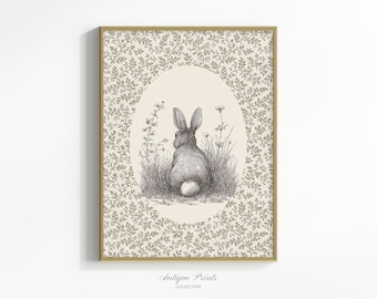 Easter Bunny Printable Wall Art: Floral Print, Rabbit Sketch Art, Neutral Spring Decor (Digital Download)