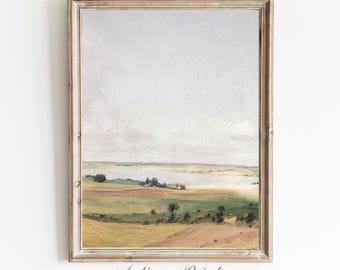 Dipinto vintage con paesaggio di campagna neutro, grande arte murale della campagna francese, stampa di colline antiche - STAMPABILE