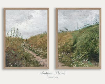 Pintura al óleo de pradera, conjunto de 2 impresiones digitales de estilo campestre antiguo, arte de pared grande imprimible de 2 piezas, decoración de pared de estilo rústico vintage, estilo rústico
